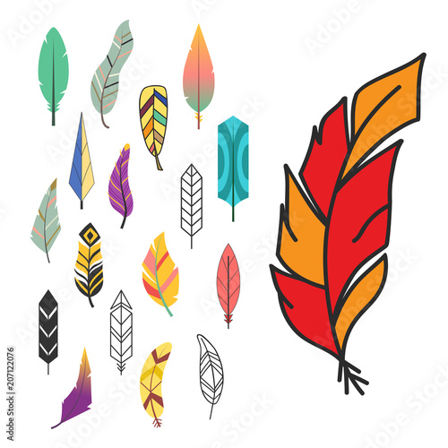 Tribal flat feather different style bird vintage colorful ethnic hand drawn e...