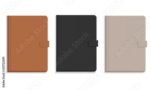 Set of diary or notebook in hard leather cover, black and brown and champagne color