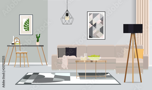 Bright room with white sofa, table, pattern carpet and lamp Vector illustration.