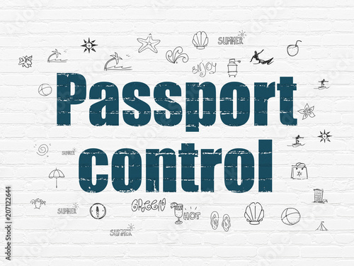 Tourism concept  Painted blue text Passport Control on White Brick wall background with  Hand Drawn Vacation Icons