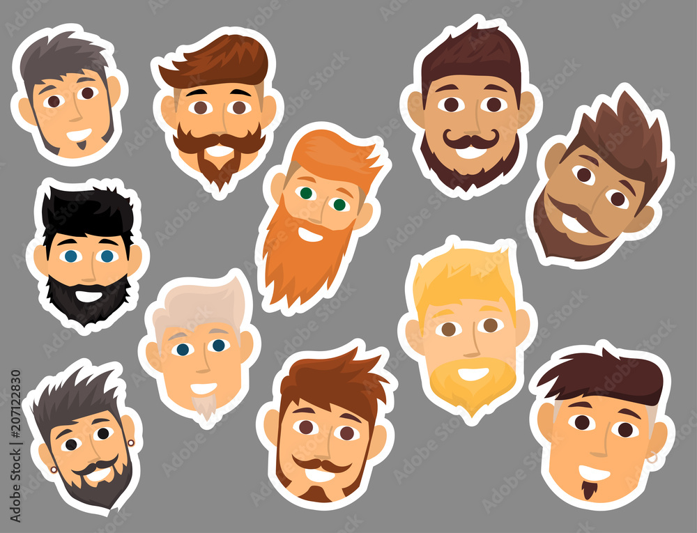 Character of various expressions bearded man face avatar and fashion hipster hairstyle head person with mustache vector illustration. Character of various expressions bearded man face avatar and fashion hipster hairstyle head person with mustache vector illustration.