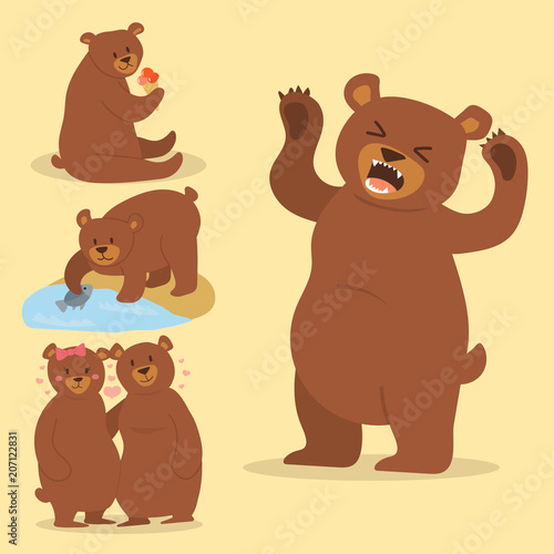 Cartoon bear character teddy pose vector set wild grizzly cute illustration adorable animal design.
