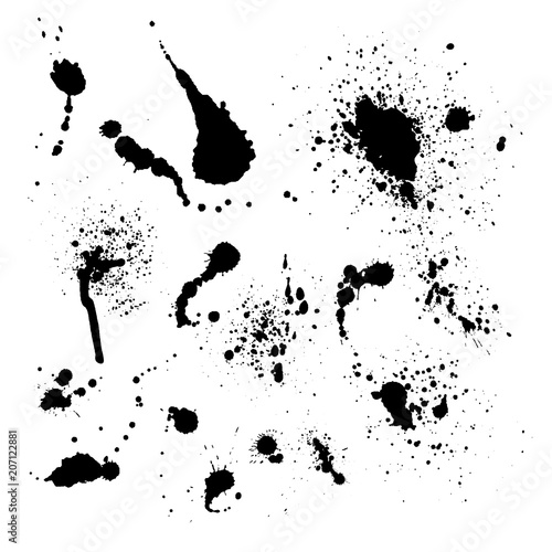 Vector set of ink splashes blots splatter collection grunge design element and art messy backdrop color dirty liquid shape spatter black white silhouette illustration