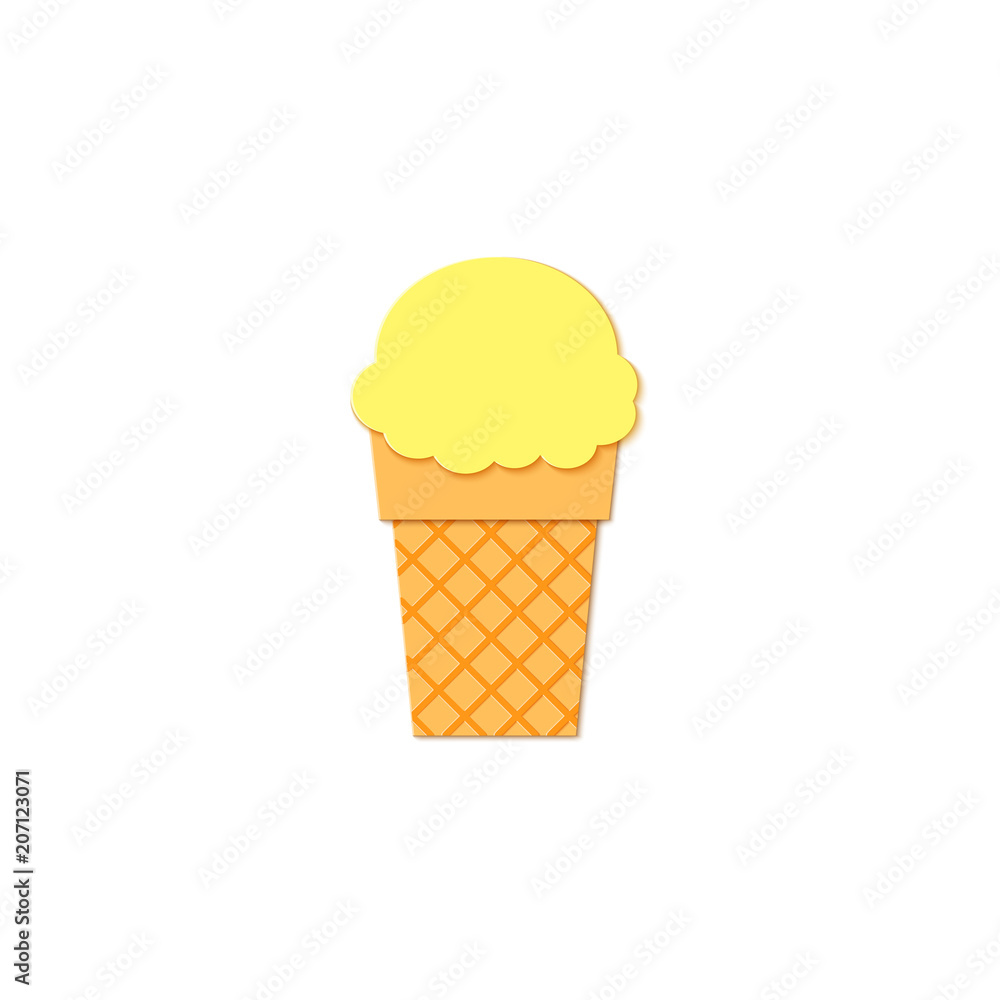 Yellow Ice Cream in waffle cup in trandy paper cut style. Craft tasty bright summer icecream on white background for package design Vector card illustration in papercutting art style Yellow Ice Cream in waffle cup in trandy paper cut style. Craft tasty bright summer icecream on white background for package design Vector card illustration in papercutting art style