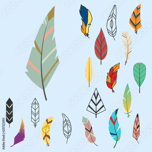 Tribal flat feather different style bird vintage colorful ethnic hand drawn e...