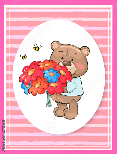 Teddy Bear with Bouquet Colorful Flowers Cartoon