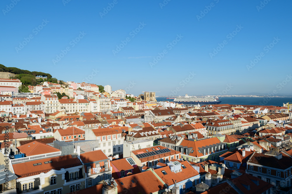 Elevated view of Lisbon skyline with a cruise ship