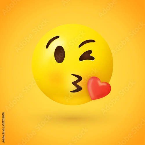 Kissing face emoji with red heart on yellow background - kiss emoticon illustration