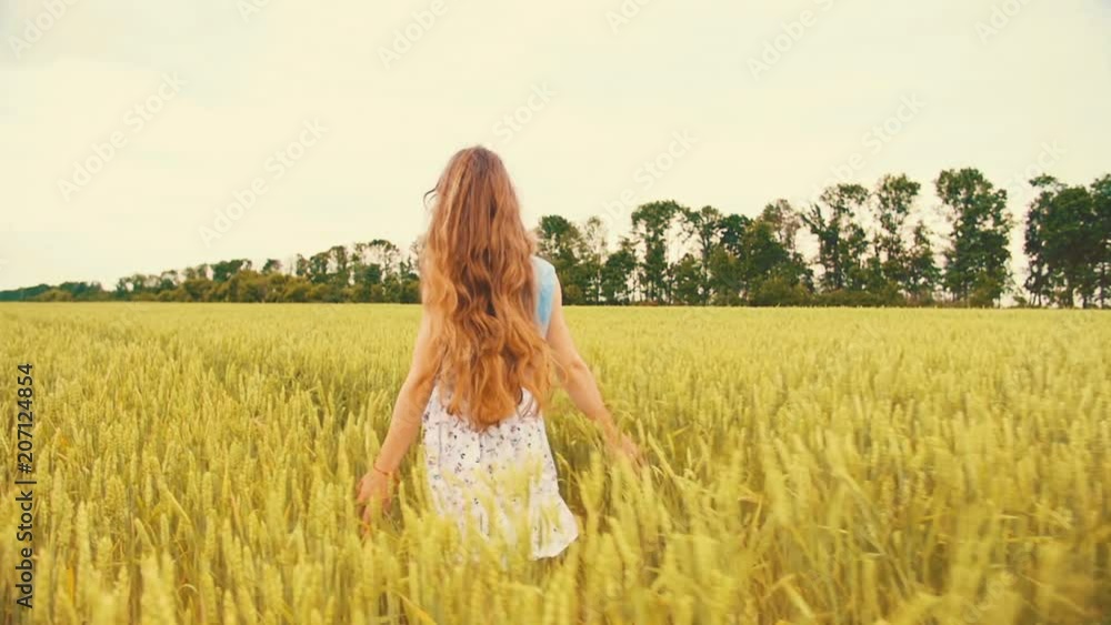 Girl in Rustic Dress Running on Wheat Field Girl in Rustic Dress Running on Wheat Field
