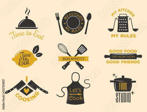 Bakery shop badges and cooking labels design classic kitchen elements set vec...