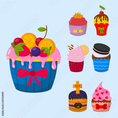 Set of cute vector cupcakes and muffins chocolate celebration birthday food s...