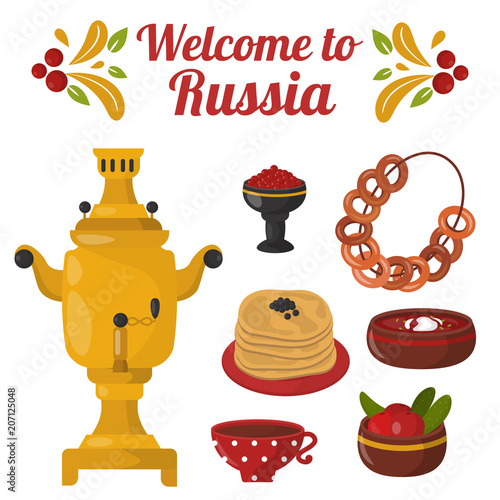 Traditional Russian cuisine culture dish course food welcome to Russia gourmet national meal vector illustration