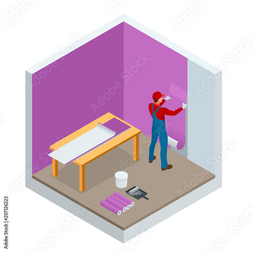 Isometric painter worker painting wall with background glue for a wallpaper. Vector illustration of repair, building and home concept