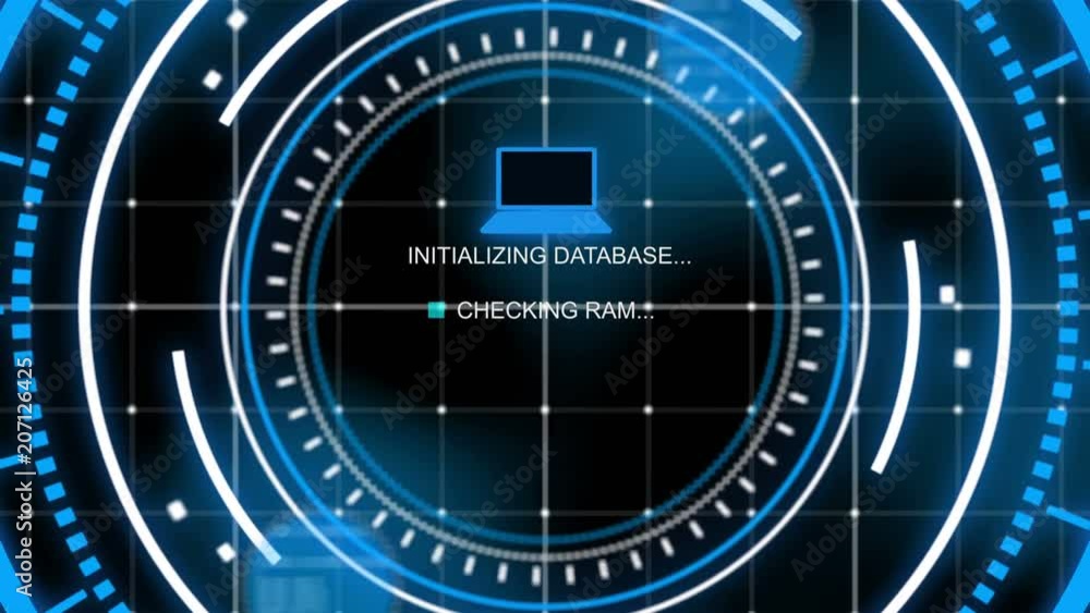 An advanced 3d rendering of a head-up display covered with a grid and shot with a zoom out effect checking database in the center of several turning around bright blue circles An advanced 3d rendering of a head-up display covered with a grid and shot with a zoom out effect checking database in the center of several turning around bright blue circles