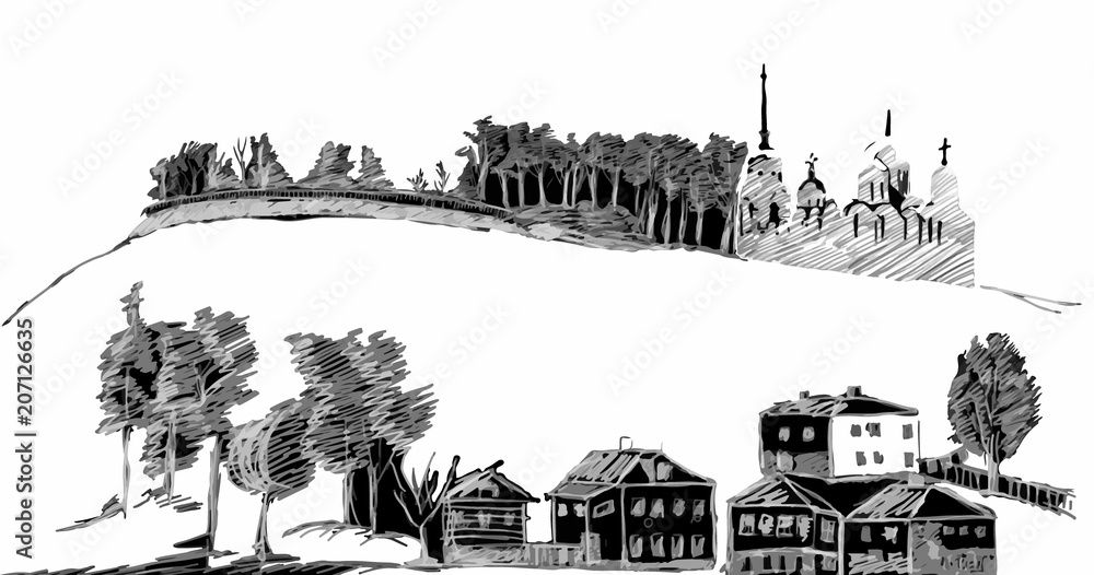 Fototapeta premium Russian old town Vladimir engraving