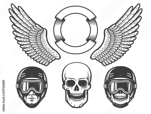 Set of design elements for creating a racing emblem - wings, a rider's head in a helmet, skull.