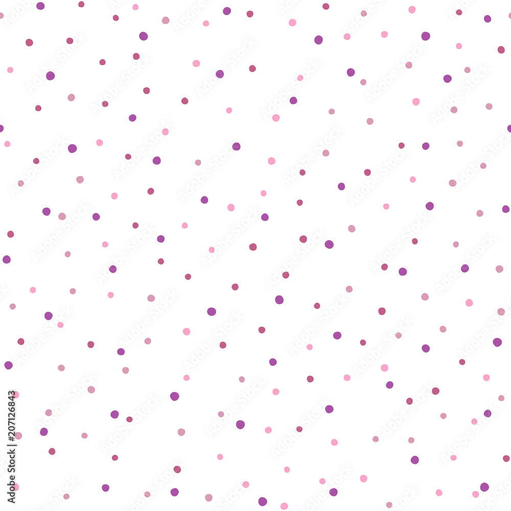 Randomly scattered small rounded dots. Simple seamless pattern. Endless print with repeating purple spots on white background.