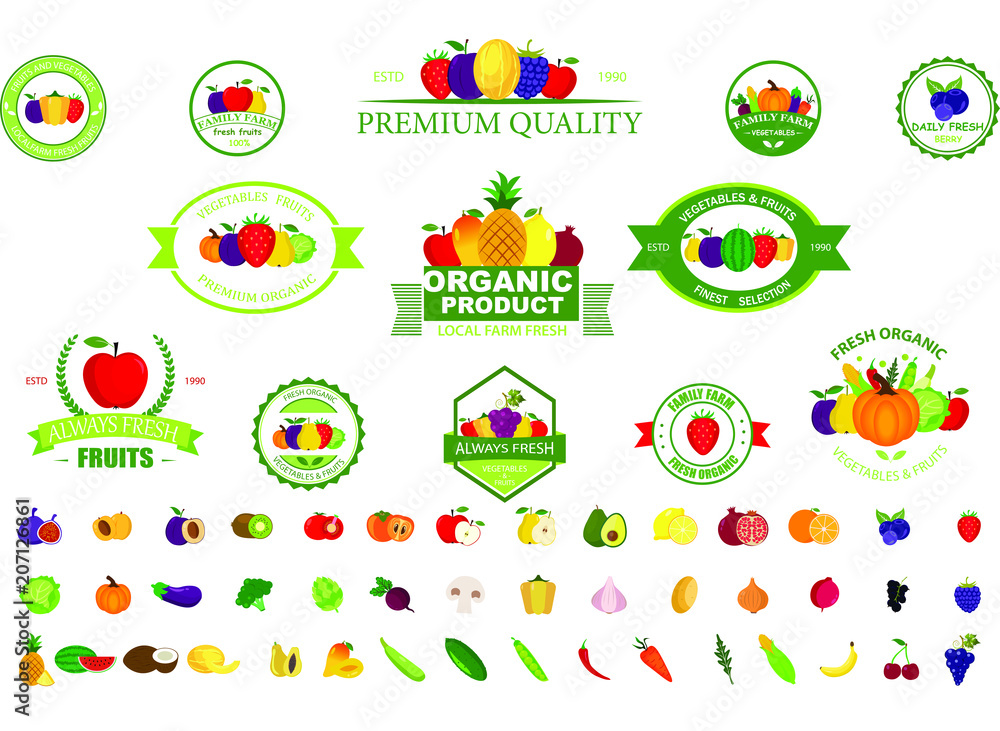 Set of fruit and vegetables logo for groceries, agriculture and farm market, packaging and advertising. Fruits design elements Set of fruit and vegetables logo for groceries, agriculture and farm market, packaging and advertising. Fruits design elements