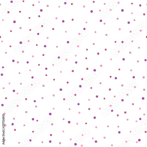 Randomly scattered small rounded dots. Simple seamless pattern. Endless print with repeating purple spots on white background.