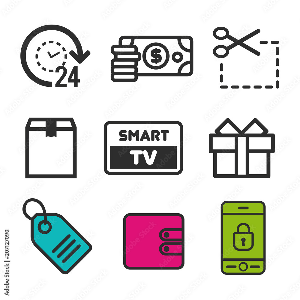 Coupon code icon. Smart TV symbol. Present box icon. Price tag sign. 24h open and Money bag icons. Eps10 Vector. Coupon code icon. Smart TV symbol. Present box icon. Price tag sign. 24h open and Money bag icons. Eps10 Vector.