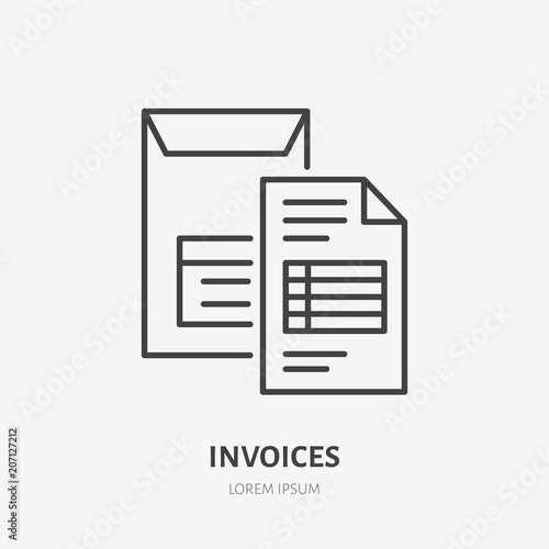 Invoice flat line icon. Document delivery in envelope sign. Thin linear logo for legal financial services, accountancy.