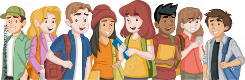Cartoon teenager students with books and backpack.
