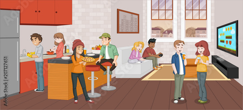 Cartoon teenager in the living room and kitchen. 