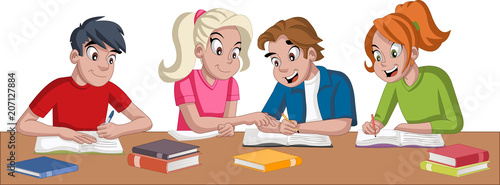 Cartoon teenager students with books. Kids studying.