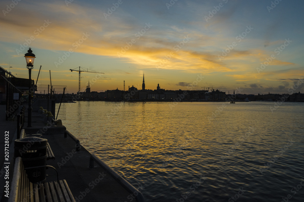 City silhouette skyline/Late sunset shot of the Stockholm skyline from the quay of Sodermalm district.