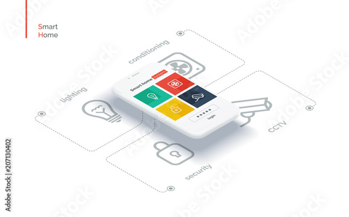 Smart home mobile interface. Infographics with a mobile phone and icons controlling the parameters of the smart house system. Modern full-color illustration isometric style.