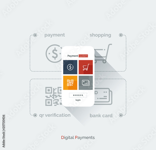 Payment system mobile interface. Infographics with a mobile phone and payment system icons. Modern full-color illustration flat style.