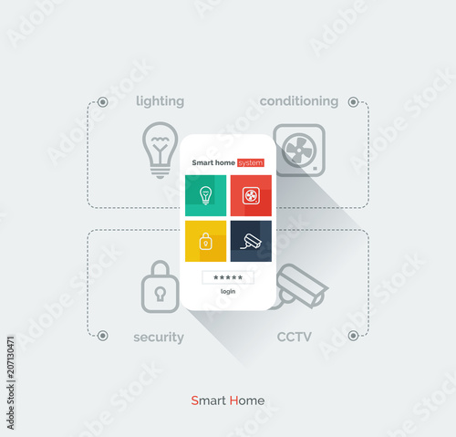 Smart home mobile interface. Infographics with a mobile phone and icons controlling the parameters of the smart house system. Modern full-color illustration flat style.