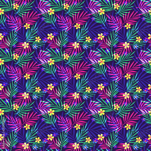 Neon color tropical leaves and flowers seamless pattern