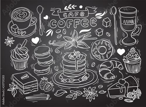 Beautiful hand drawn vector illustration coffee and sweets.