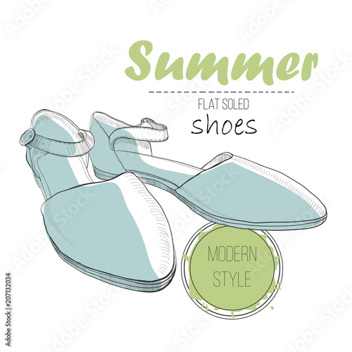 illustartion of drawing sandal on flat soled with lettering text. Summer woman shoe for logo design. Hand drawn isolated object for design. photo