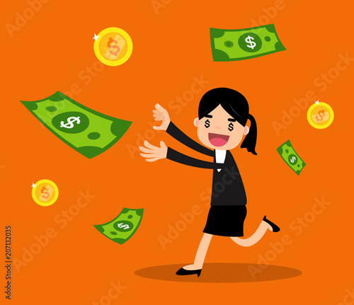 Business woman trying to catching money. vector illustration. 