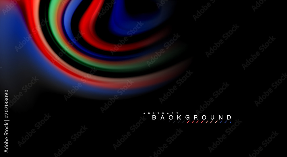 Plakat Fluid rainbow colors on black background, vector wave lines and swirls