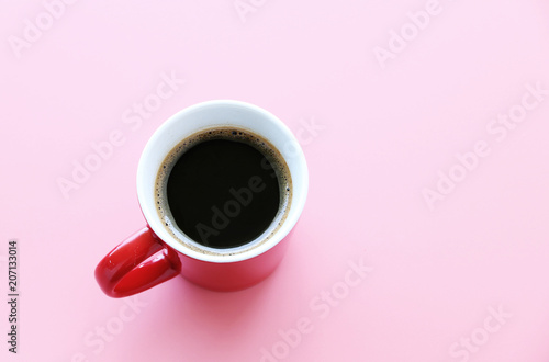 Hot coffee in red cup on pink background,Morning Coffee Concept