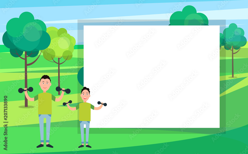 Father and Son Train with Dumbbells vector Father and Son Train with Dumbbells vector