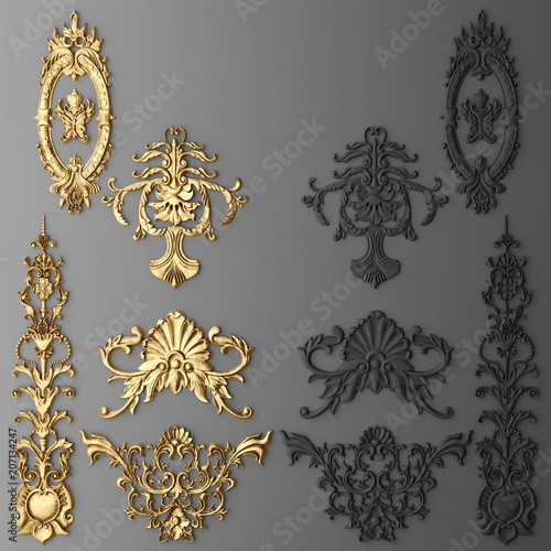 3D rendering of gilded stucco, collection cartouche	