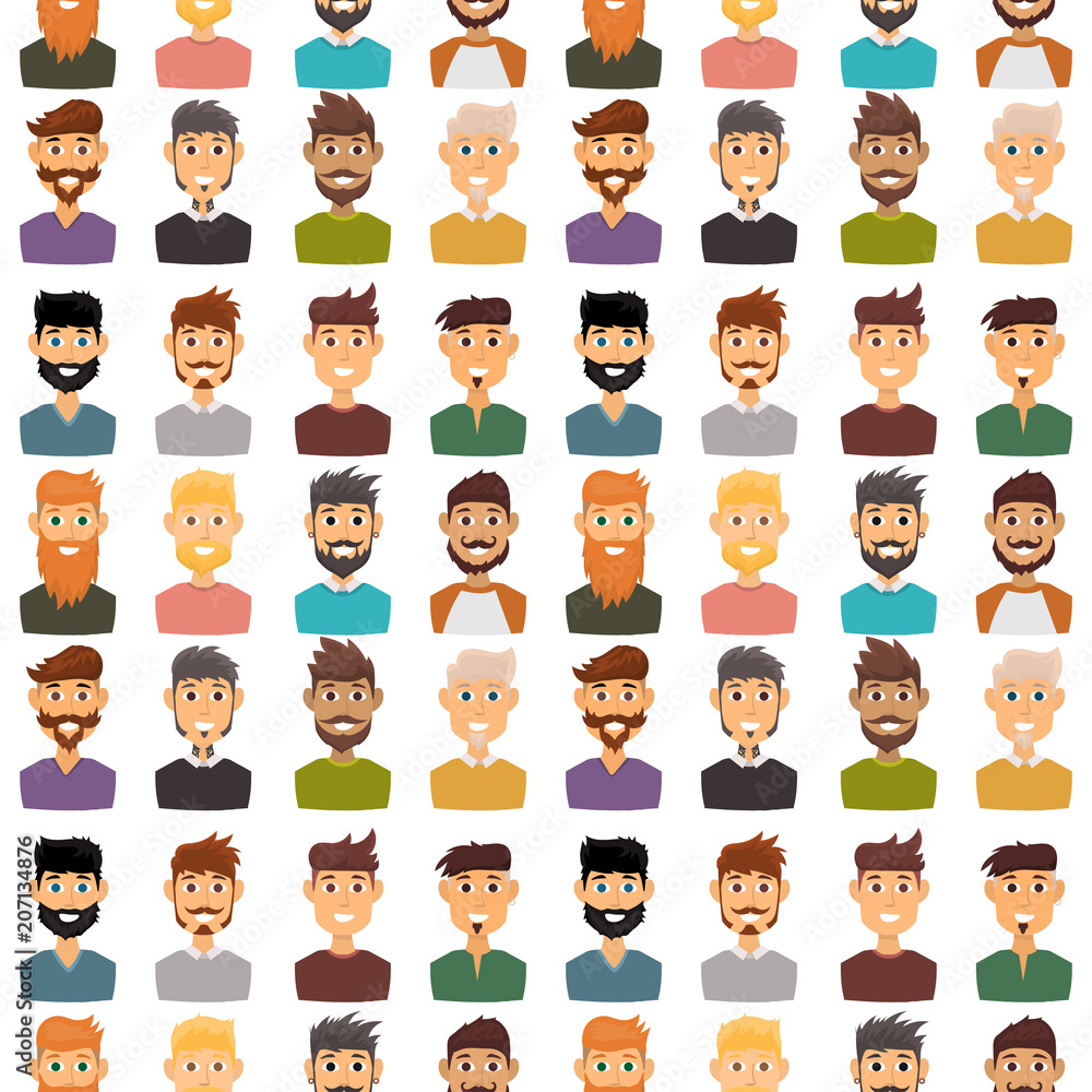Character expressions bearded man face seamless pattern background avatar and fashion hipster hairstyle head person with mustache vector illustration. Character expressions bearded man face seamless pattern background avatar and fashion hipster hairstyle head person with mustache vector illustration.