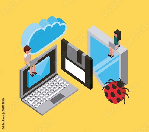 people laptop protection antivirus floppy cloud computing storage isometric vector illustration