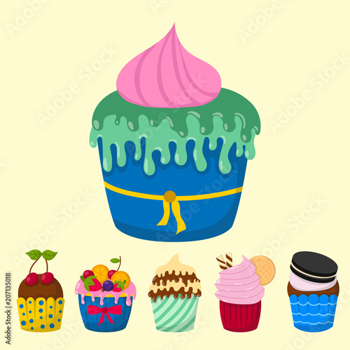 Set of cute vector cupcakes and muffins chocolate celebration birthday food s...