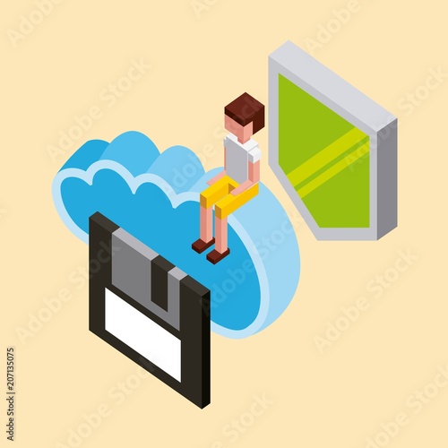 man floppy shield protection cloud computing storage isometric vector illustration