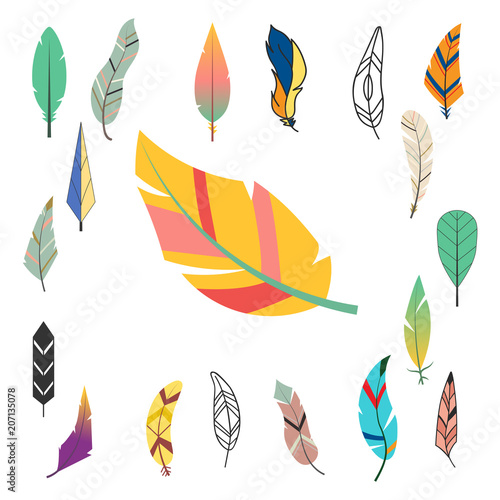 Tribal flat feather different style bird vintage colorful ethnic hand drawn e...