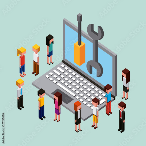 people laptop and tools support repair cloud computing storage isometric vector illustration
