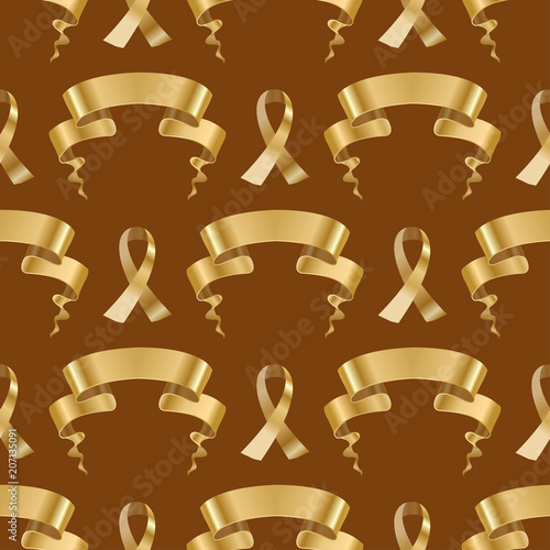Golden ribbon tape banner flag bow classic glossy scroll seamless pattern bac...