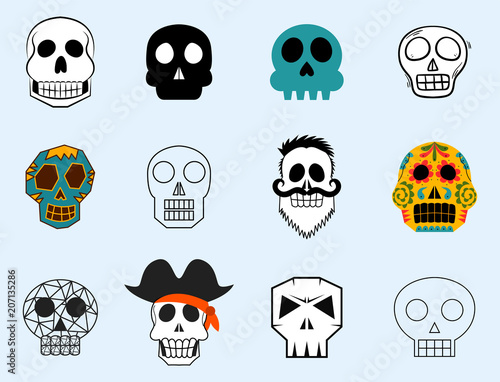 Different style skulls faces vector illustration halloween horror style tatto...