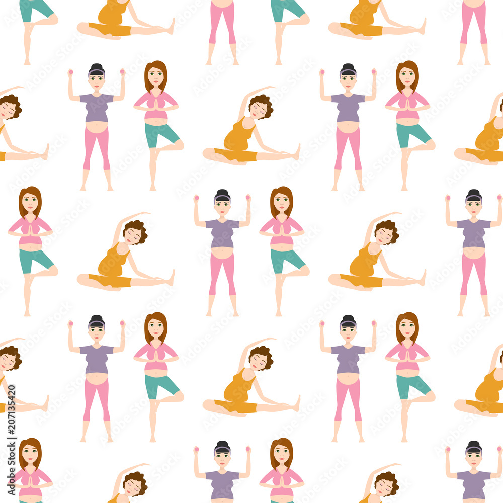 Pregnancy sport fitness people healthy character lifestyle seamless pattern background woman yoga vector illustration.