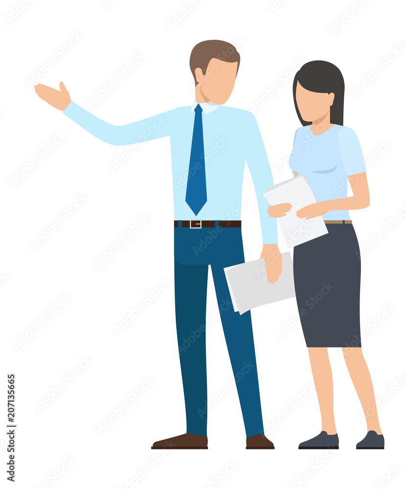 Man and Woman with Documents Vector Illustration